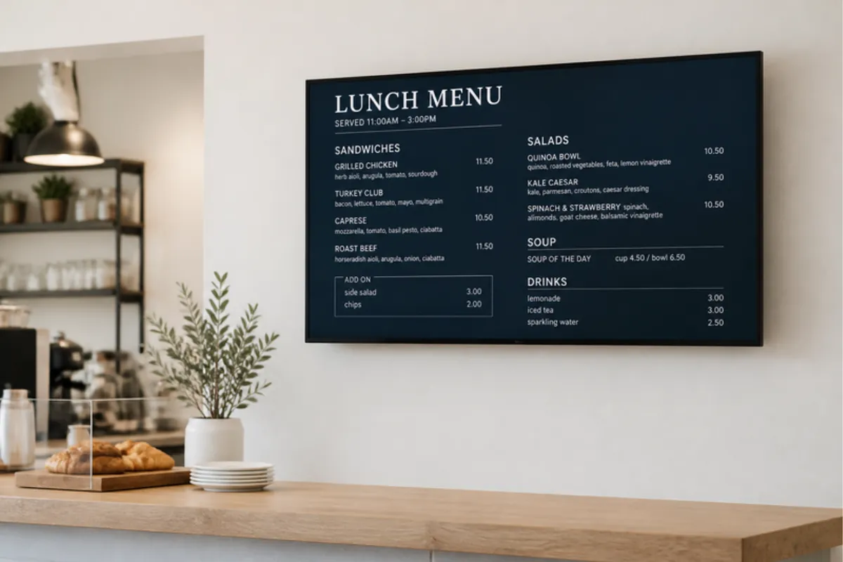 Digitaler Bildschirm mit Speisekarte an der Wand eines hellen Cafés